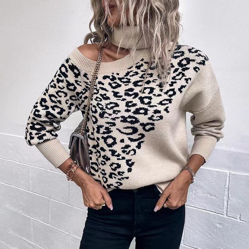 Damen Pullover mit modernem Leopardenmuster und off-shoulder Design Heidi-Mode