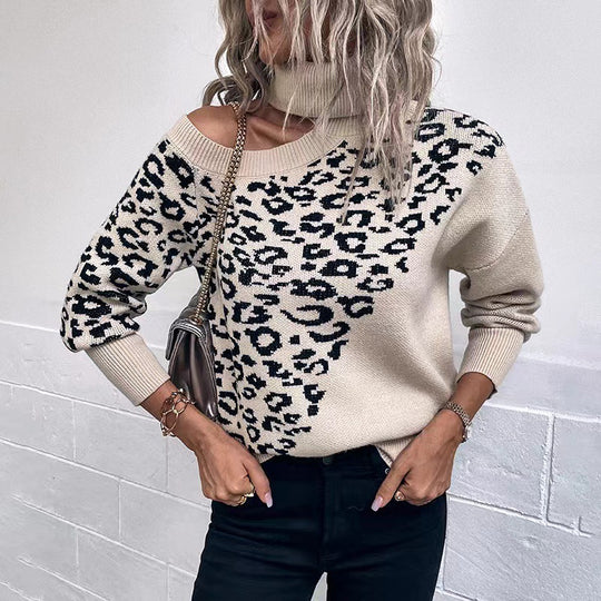 Damen Pullover mit modernem Leopardenmuster und off-shoulder Design Heidi-Mode