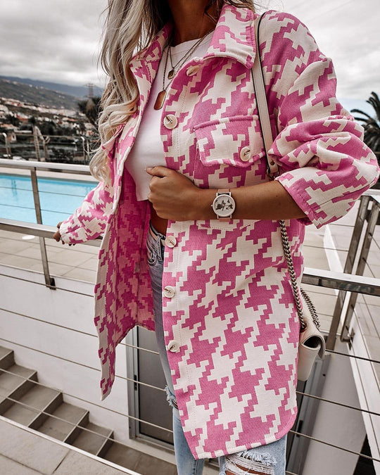 Damen modischer Oversized Hemdenjacke im Hahnentritt-Muster Heidi-Mode