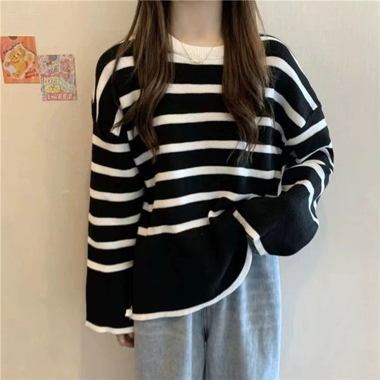 Damen gemütlicher Strickpullover mit Streifen Heidi-Mode