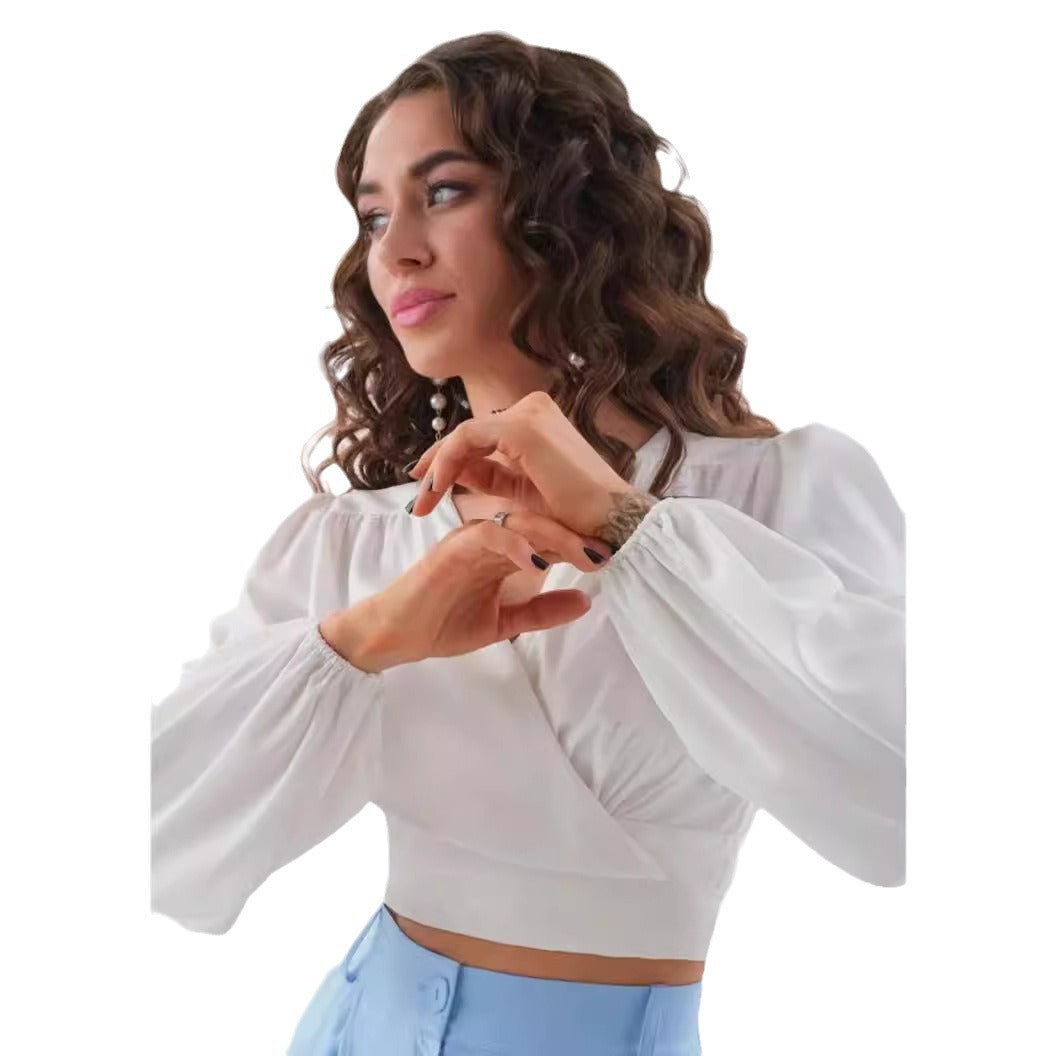 Damen Viskose Wrap-Bluse mit Puffärmel und tiefem V-Ausschnitt Heidi-Mode
