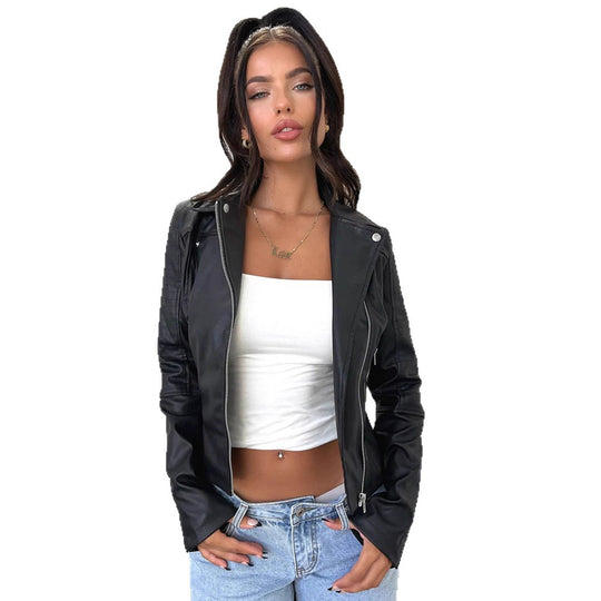 Damen Bikerjacke mit asymmetrischem Reißverschluss und stilvollen Ziernähten Heidi-Mode