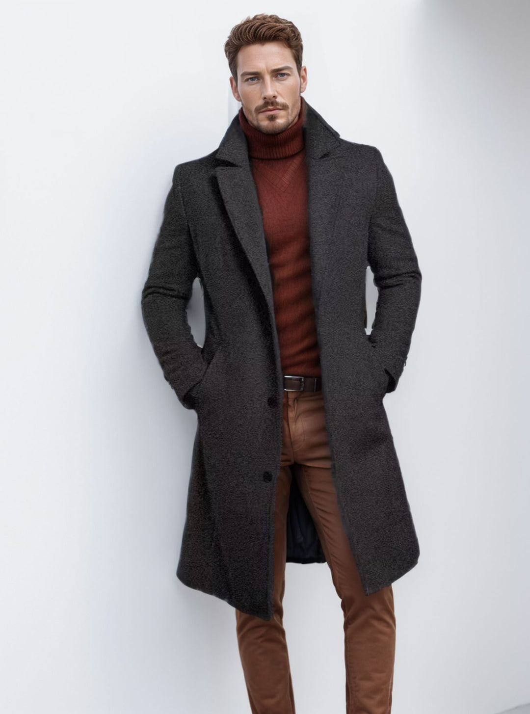 Herren eleganter Wollmantel mit klassischem Revers und praktischen Taschen Heidi-Mode