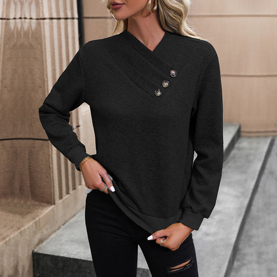 Damen eleganter Pullover mit asymmetrischem Ausschnitt und Knopfdetails Heidi-Mode