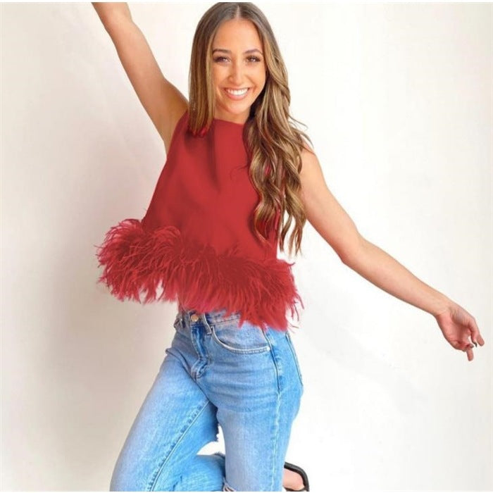 Damen Elegantes Top mit Federn und Rundhalsausschnitt Heidi-Mode