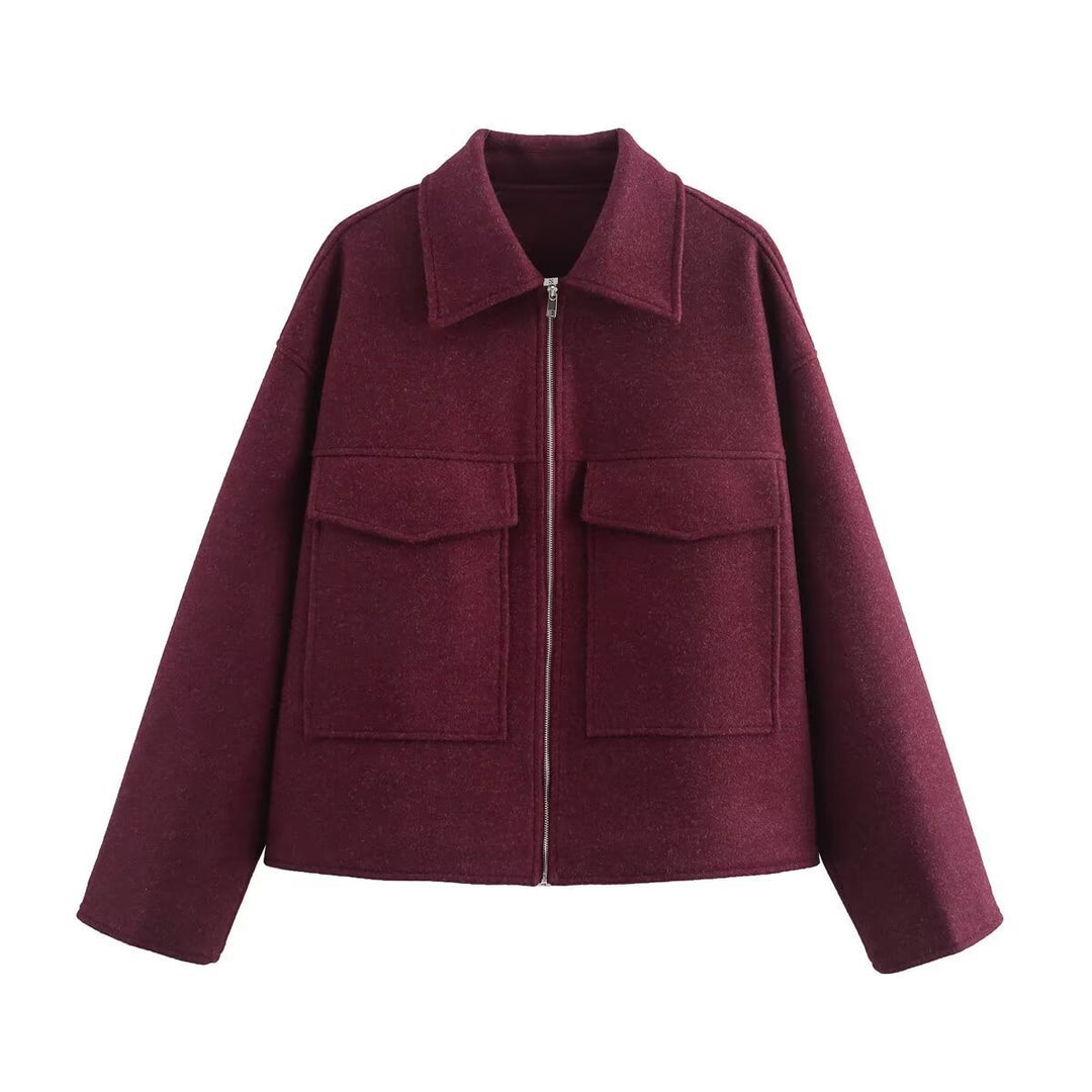 Damen lässige Wolljacke mit praktischen Brusttaschen und hochwertigem Reißverschluss Heidi-Mode