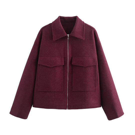 Damen lässige Wolljacke mit praktischen Brusttaschen und hochwertigem Reißverschluss Heidi-Mode