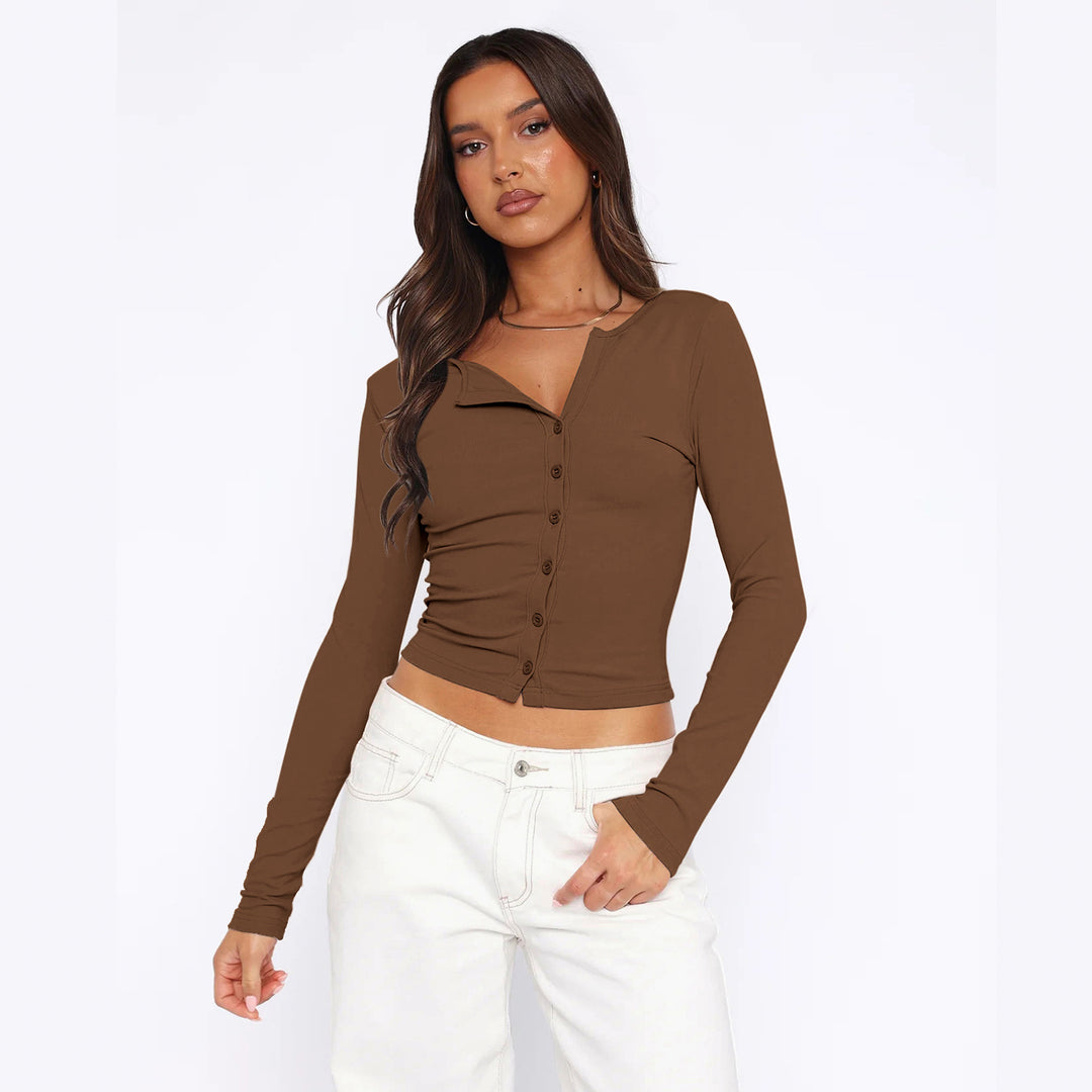 Damen figurbetontes Langarmshirt mit Knopfleiste Heidi-Mode