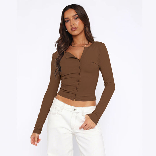 Damen figurbetontes Langarmshirt mit Knopfleiste Heidi-Mode