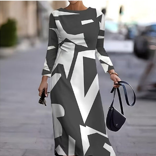 Damen Langarm Kleid mit grafischem Design und elegantem Schnitt Heidi-Mode