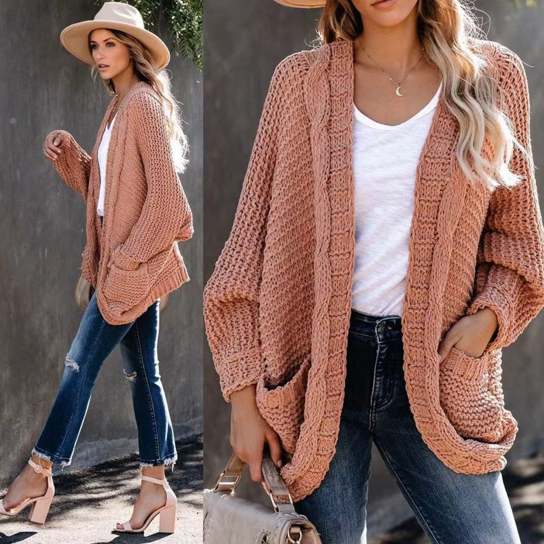 Damen Grobstrickjacke mit lässigen Konturen und großen Taschen Heidi-Mode