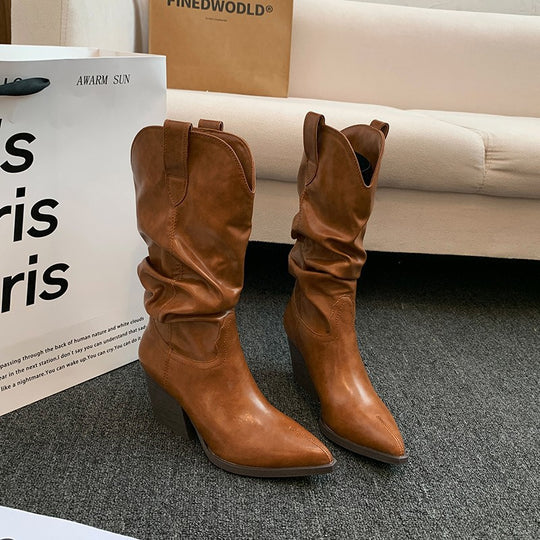 Damen Western-Stiefel mit eleganter Raffung und Absatz Heidi-Mode