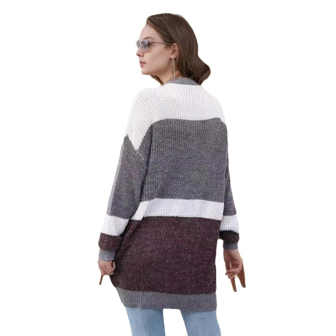 Damen lockere Strickjacke mit modischem Streifenmuster Heidi-Mode