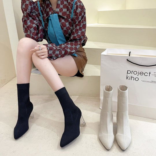 Damen Stiefeletten mit transparentem Absatz und elastischem Strickoberteil Heidi-Mode