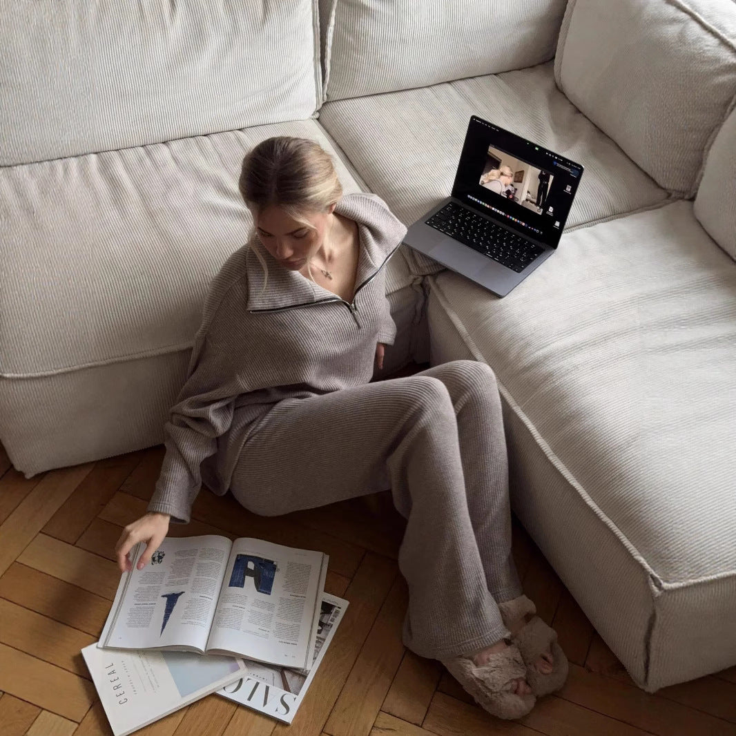Damen hochgeschnittener und eleganter Knit-Pullover mit Reißverschluss und weitem Bein Heidi-Mode