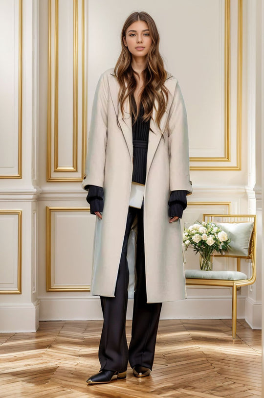 Damen eleganter langer Mantel mit breitem Revers und Gürtel Heidi-Mode