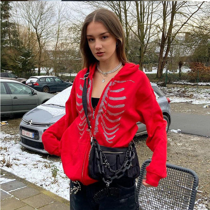 Damen Kapuzenjacke mit einzigartigem Skelett-Design und funkelnden Strasssteinen Heidi-Mode