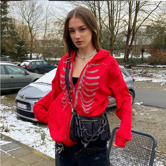 Damen Kapuzenjacke mit einzigartigem Skelett-Design und funkelnden Strasssteinen Heidi-Mode