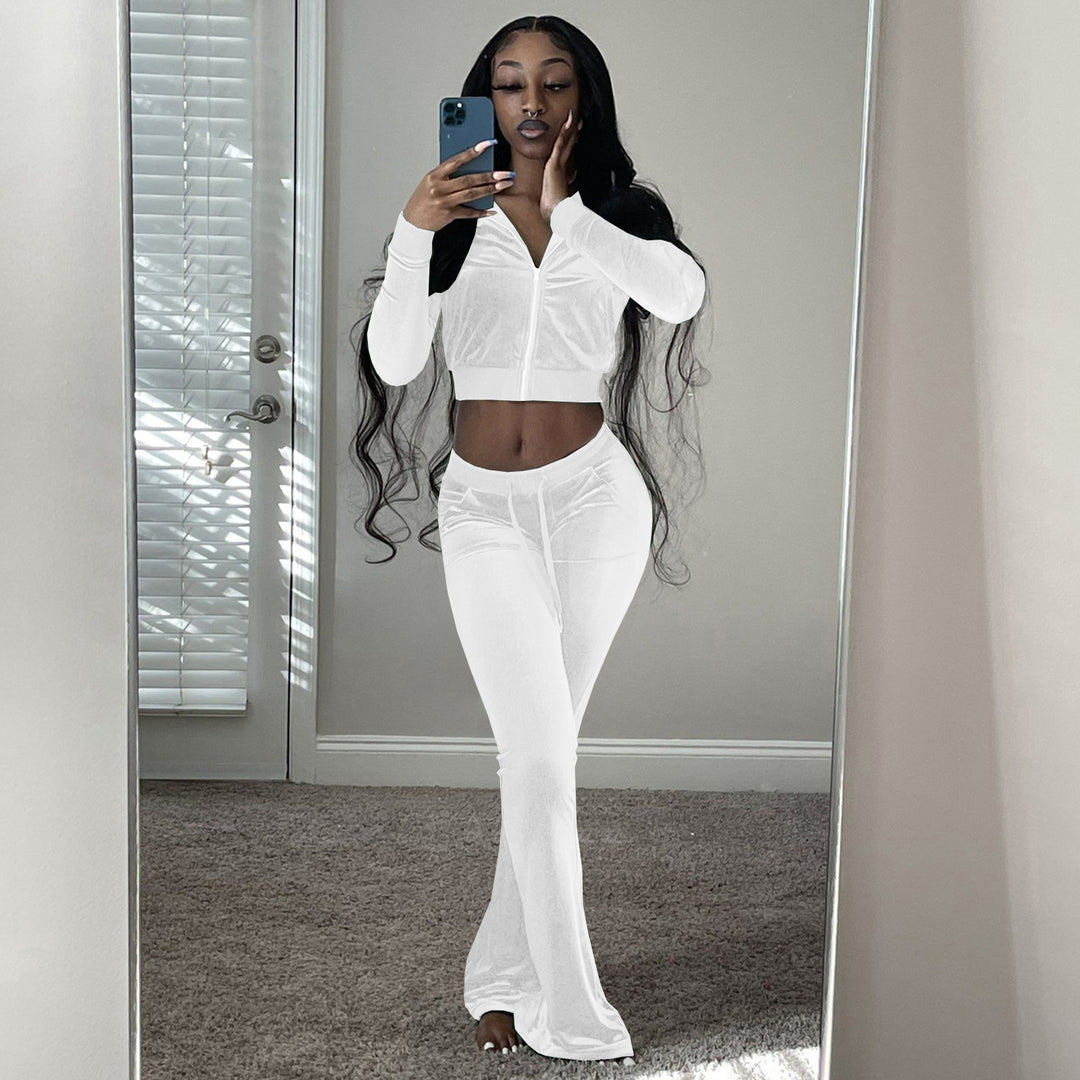 Damen Komfortables Lounge-Set aus weichem Veloursstoff mit Zip-Oberteil und weitem Bein Heidi-Mode