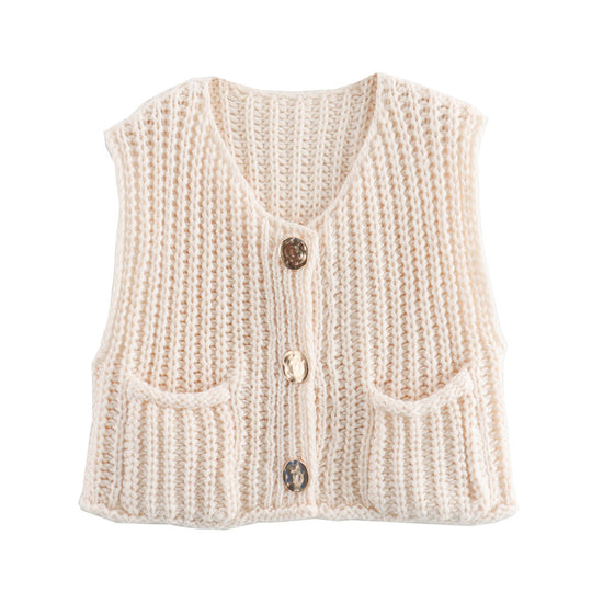 Damen modische Strickweste mit dekorativen Knopfdetails und praktischen Taschen Heidi-Mode