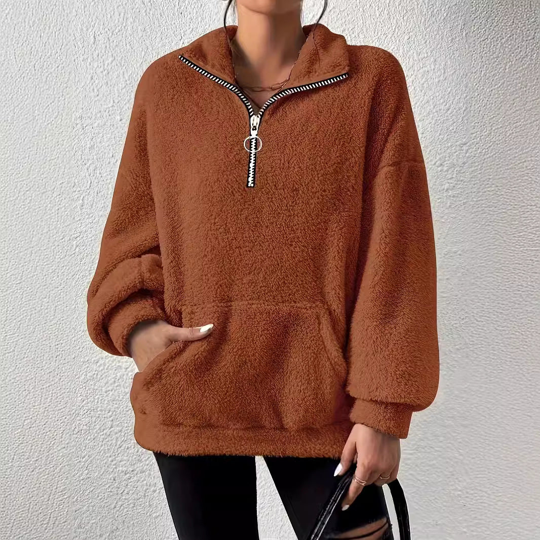 Damen kuscheliger Fleece-Pullover mit halbem Reißverschluss und Seitentaschen Heidi-Mode