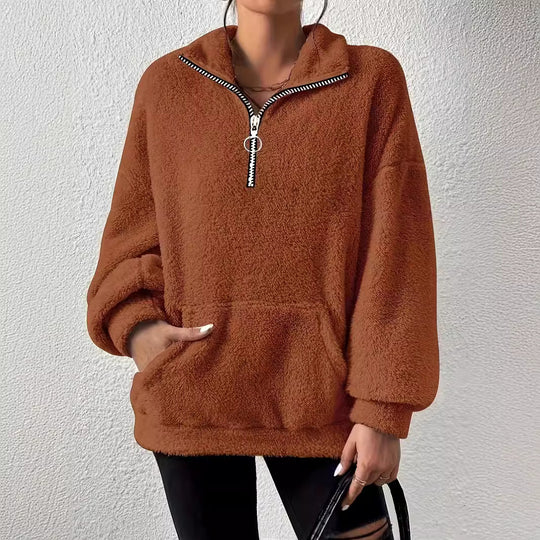 Damen kuscheliger Fleece-Pullover mit halbem Reißverschluss und Seitentaschen Heidi-Mode
