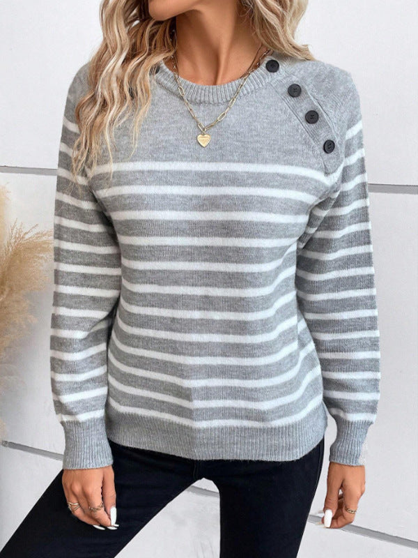 Damen gestreifter Pullover mit dekorativen Knopfdetails und Rundhalsausschnitt Heidi-Mode