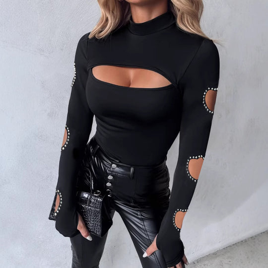 Damen Langärmliges Oberteil mit einzigartigem Cut-Out-Design und dekorativen Details Heidi-Mode