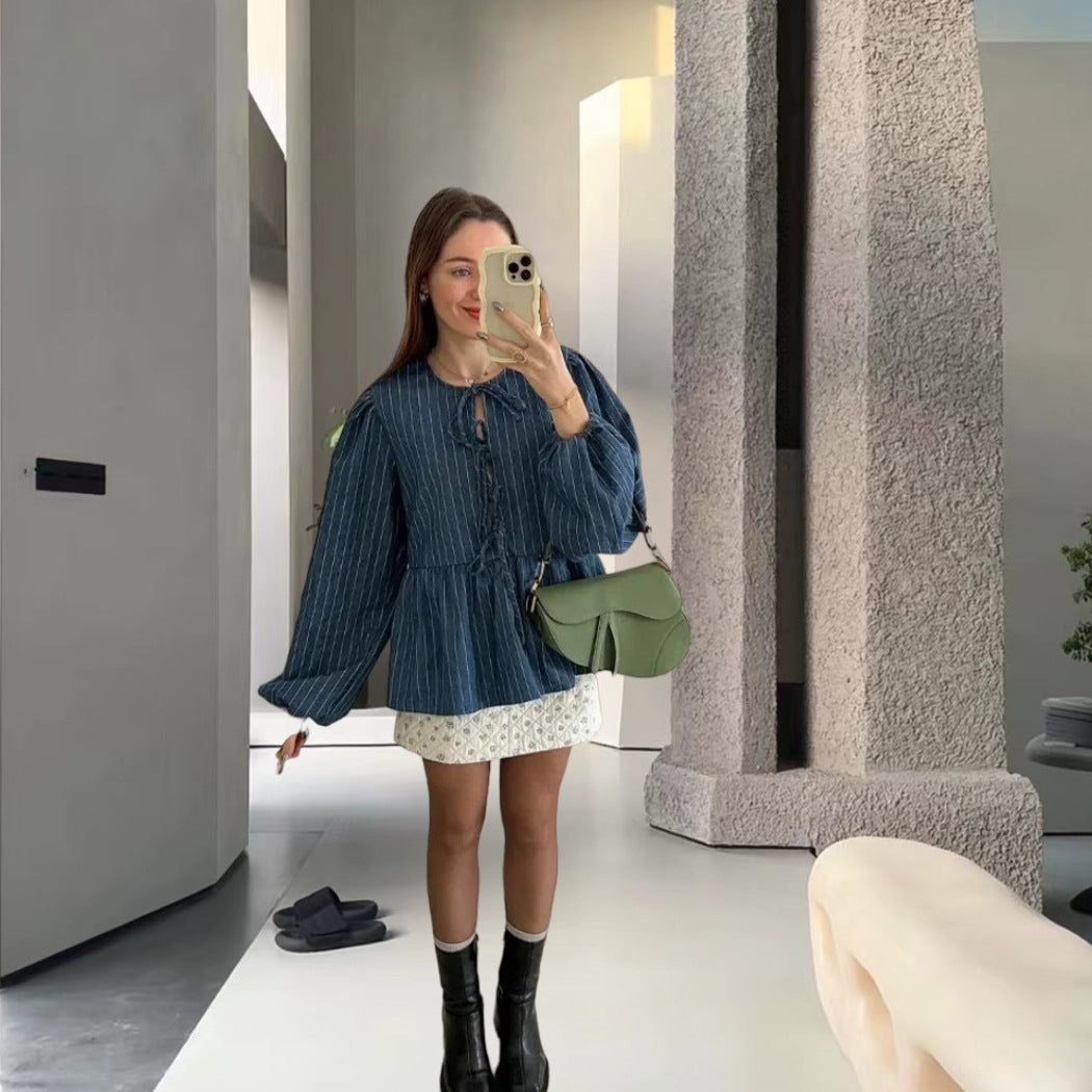 Damen gestreifte Bluse mit voluminösen Puffärmeln und tailliertem Schnitt Heidi-Mode
