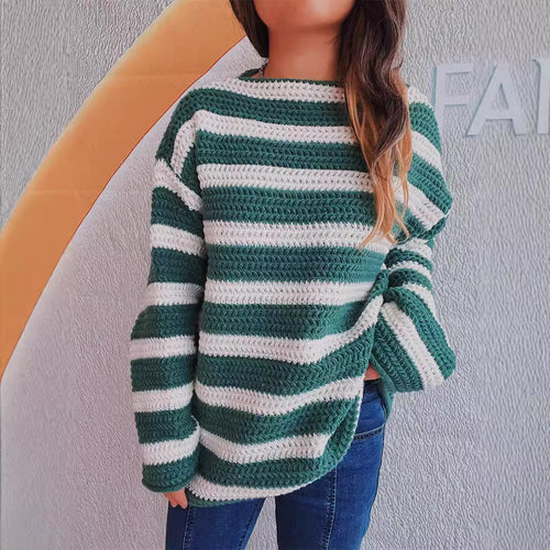 Damen lässiger Strickpullover mit blockierendem Streifenmuster und weitem Schnitt Heidi-Mode