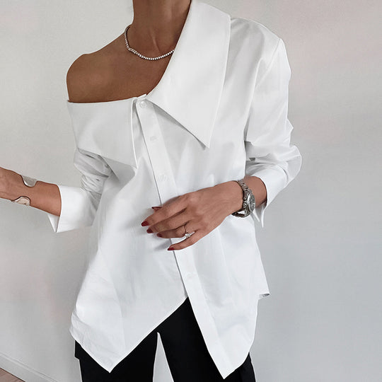 Damen Oversized Hemdbluse mit asymmetrischem Ausschnitt und voluminösen Ärmeln Heidi-Mode