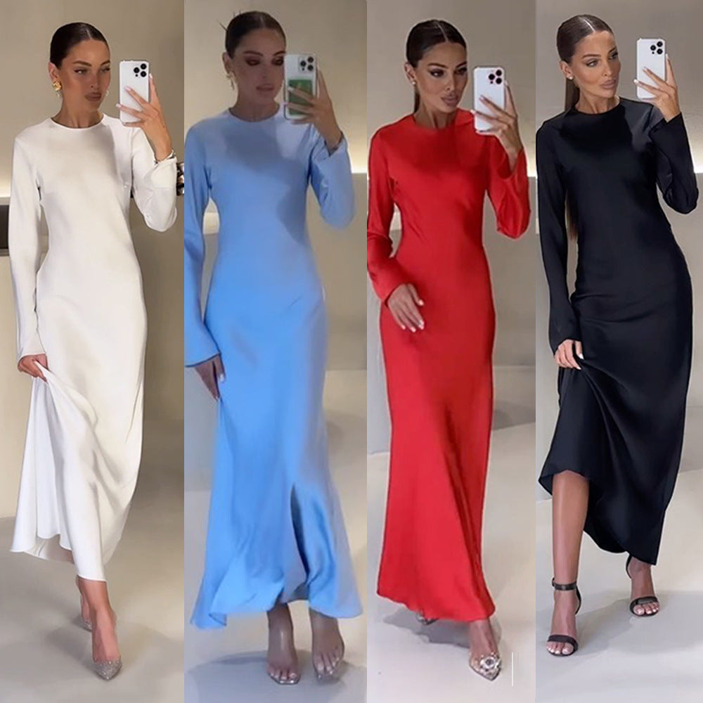 Damen elegantes Maxikleid mit schickem Stehkragen und langem Schnitt Heidi-Mode