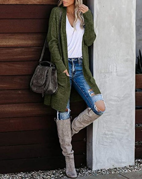 Damen Lange Strickjacke mit offenem Schnitt und lässigem Design Heidi-Mode
