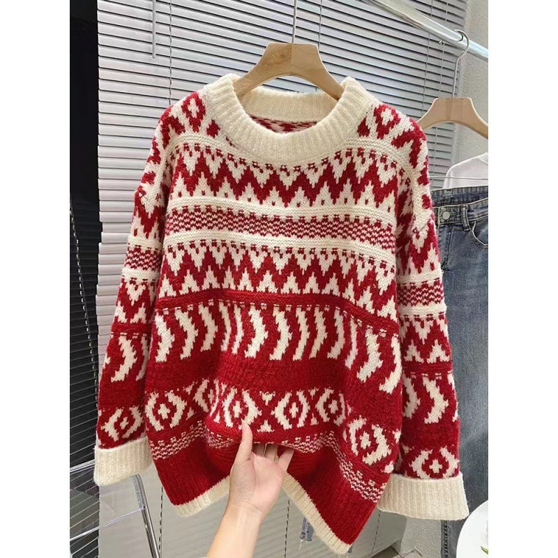 Damen gemütlicher Norwegerpullover mit dekorativem Muster und voluminösen Ärmeln Heidi-Mode