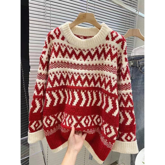 Damen gemütlicher Norwegerpullover mit dekorativem Muster und voluminösen Ärmeln Heidi-Mode