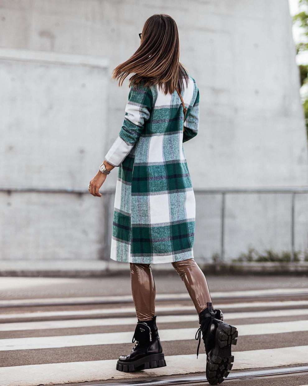 Heidi-Mode | Lässiger Langärmliger Karierter Langer Wollpullover Jacke