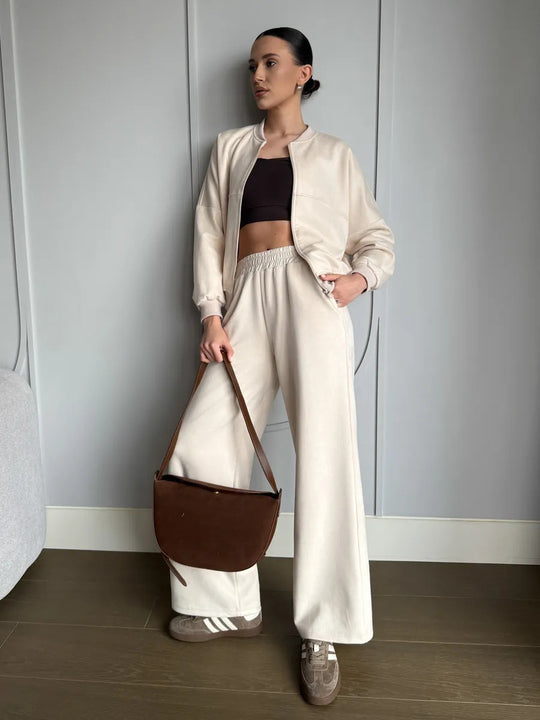 Damen Sportliche Loungewear-Jacke und weite Hose mit elastischem Bund Heidi-Mode