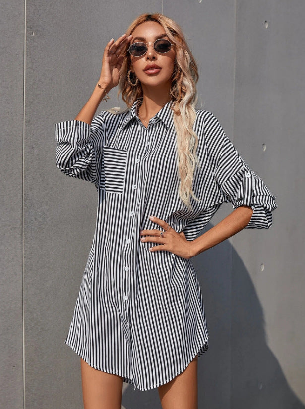 Damen Hemdblusenkleid im lässigen Stil mit Streifenmuster Heidi-Mode