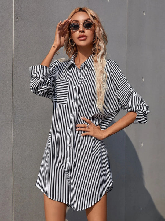 Damen Hemdblusenkleid im lässigen Stil mit Streifenmuster Heidi-Mode