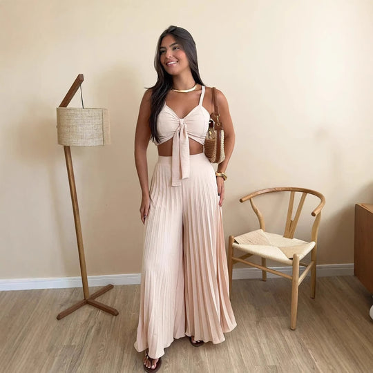 Damen Plissierte weite Hose mit Bindegürtel Heidi-Mode