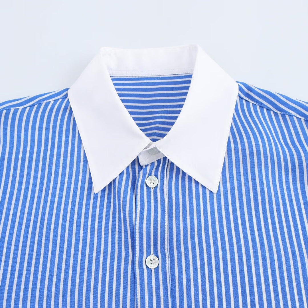 Heidi-Mode | Modische Blau Weiß Gestreifte Revers Vielseitige Bluse