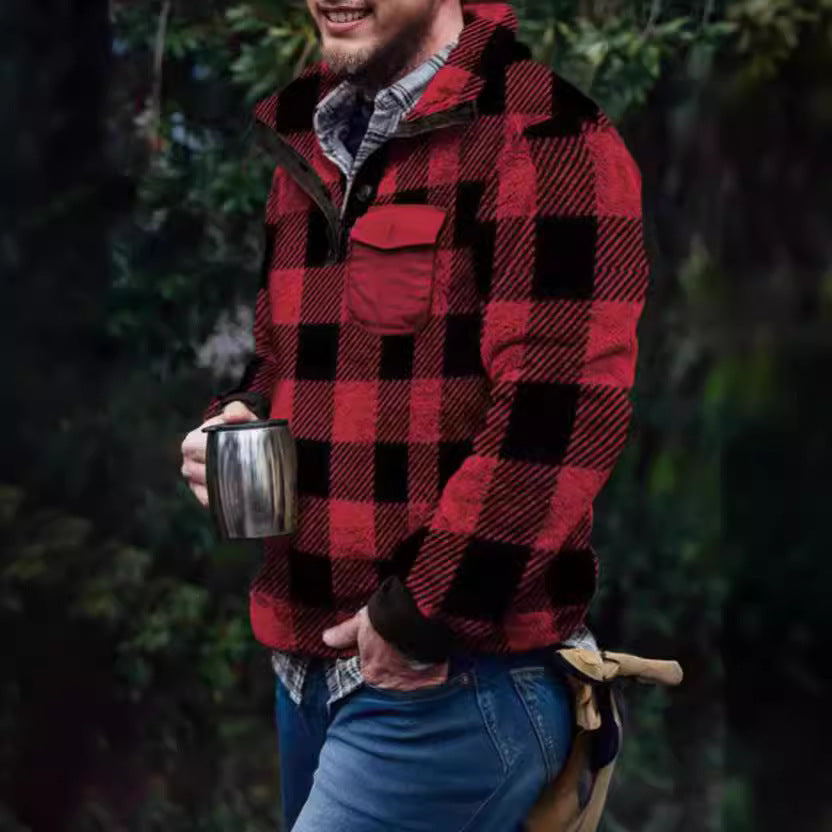 Herren Fleece-Pullover mit Karomuster und hohem Kragen Heidi-Mode