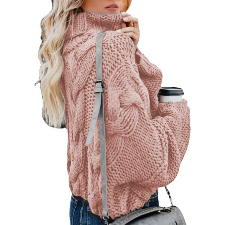 Damen Grobstrickpullover mit hohem Kragen und Zopfmuster Heidi-Mode