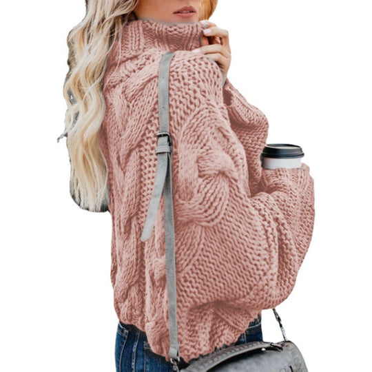 Damen Grobstrickpullover mit hohem Kragen und Zopfmuster Heidi-Mode