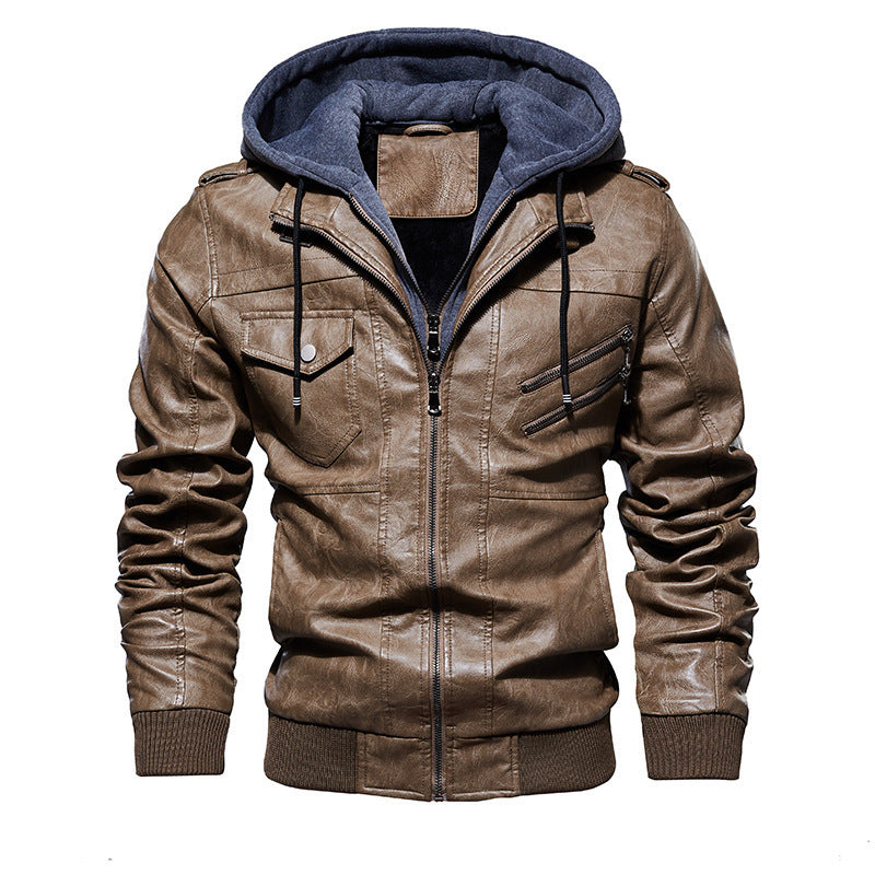 Herren lässige Kunstlederjacke mit abnehmbarer Kapuze und zahlreichen Taschen Heidi-Mode