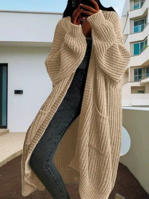 Damen Langer Strickcardigan mit seitlichen Taschen und lässigem Schnitt Heidi-Mode
