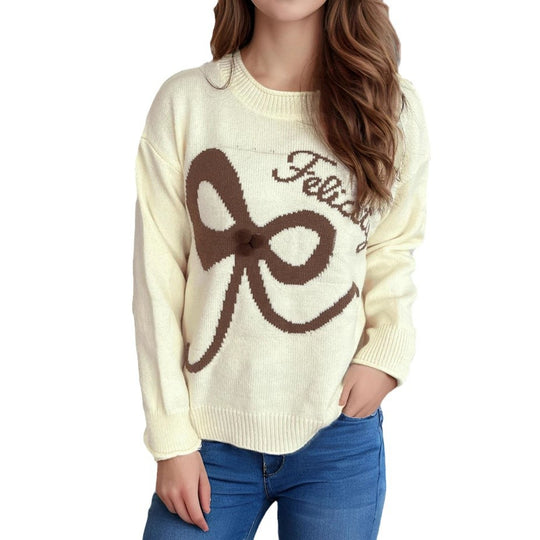 Damen kuscheliger Pullover mit verspielt gestalteter Schleifenapplikation Heidi-Mode