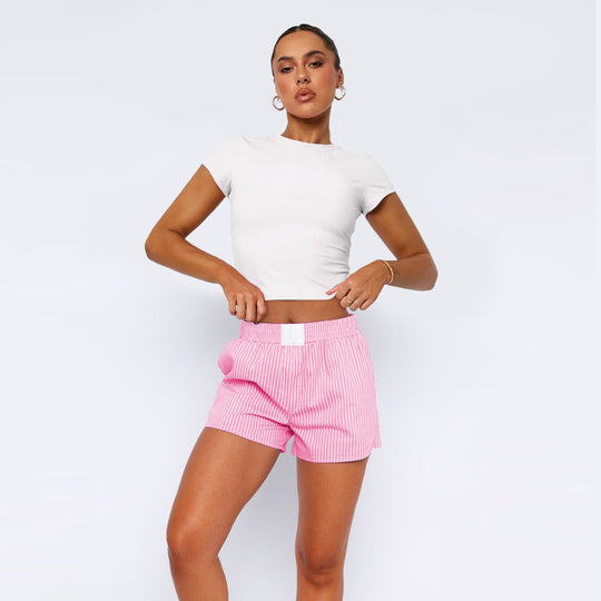 Damen Baumwoll-Shorts mit elastischem Bund und Streifenmuster Heidi-Mode