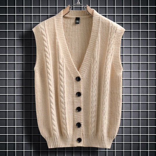 Herren ärmellose Strickjacke mit Zopfmuster und Knopfdetails Heidi-Mode