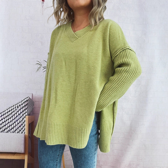 Damen lässiger V-Ausschnitt Pullover mit stylishen Rippdetails Heidi-Mode